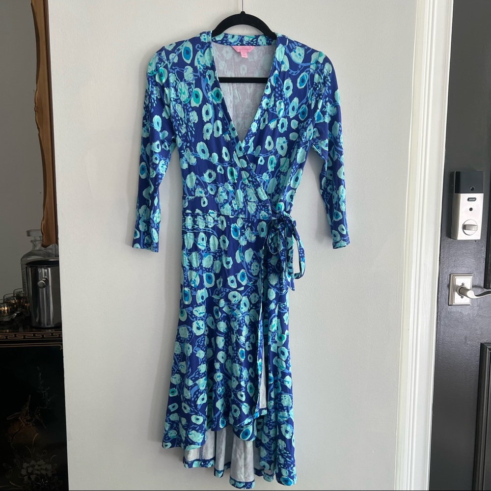 Lilly Pulitzer Blue Turquoise Green Peacock Animal Print Wrap Dress Sz XS